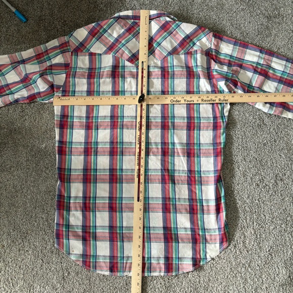 Vintage wrangler shirt mens medium red blue pearl snap  western rodeo cowboy 90s - Picture 9 of 14